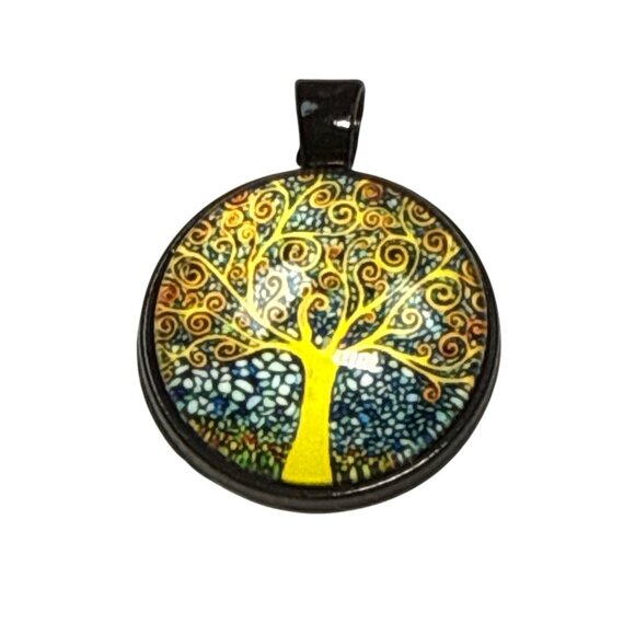 Tree Of Life Pendant Necklace Art Glass Yellow Blue Dome Black Alloy Boho Gift - Picture 1 of 6